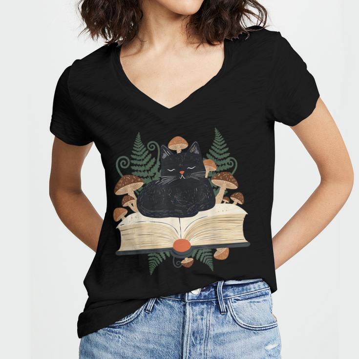 Cat On Open Book Mushrooms Ferns Dark Academia Women's Jersey Short Sleeve Deep V-Neck Tshirt Cat On Open Book Mushrooms Ferns Dark Academia Women's Jersey Short Sleeve Deep V-Neck Tshirt