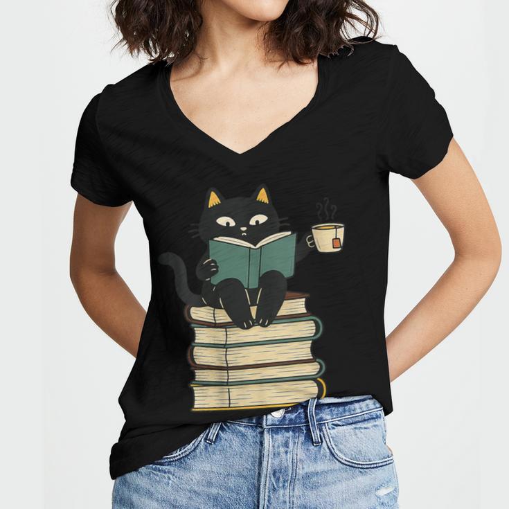 Cat Reading Book Women's Jersey Short Sleeve Deep V-Neck Tshirt Cat Reading Book Women's Jersey Short Sleeve Deep V-Neck Tshirt