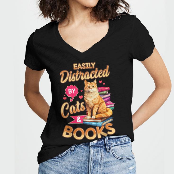 Cat Shirts For Women Book Lover Shirt Cats And Books Women's Jersey Short Sleeve Deep V-Neck Tshirt