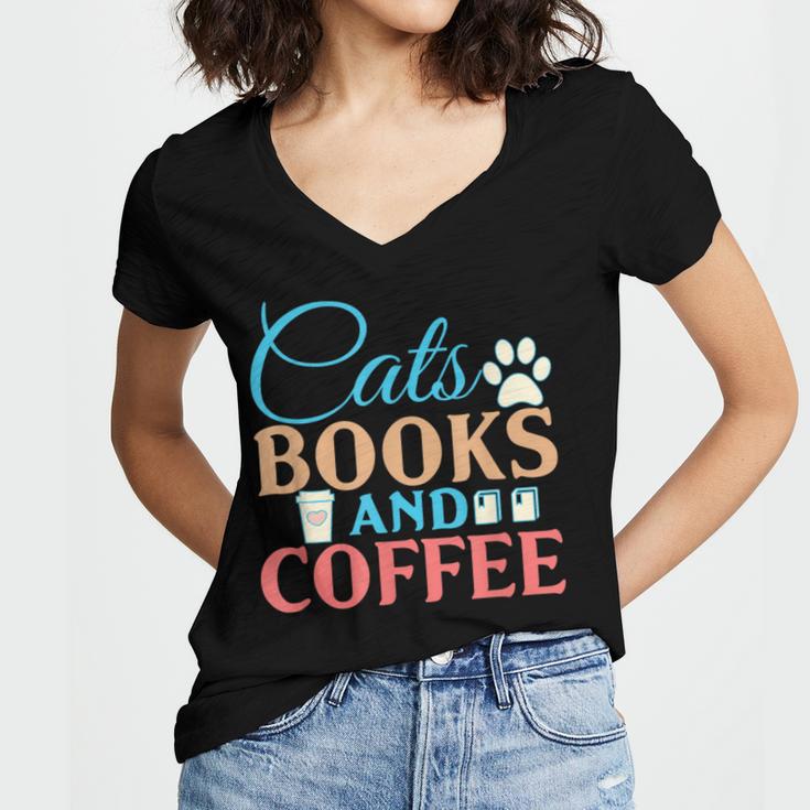 Cats Books And Coffee Women's Jersey Short Sleeve Deep V-Neck Tshirt Cats Books And Coffee Women's Jersey Short Sleeve Deep V-Neck Tshirt