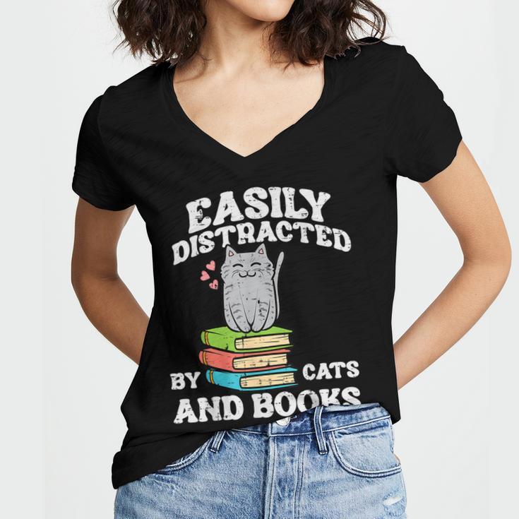 Cats And Books Read Reading Librarian Book Across America Women's Jersey Short Sleeve Deep V-Neck Tshirt