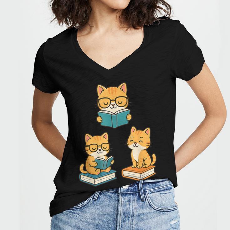 Cats Reading Book Lover Reading Bookworm Reader Women's Jersey Short Sleeve Deep V-Neck Tshirt