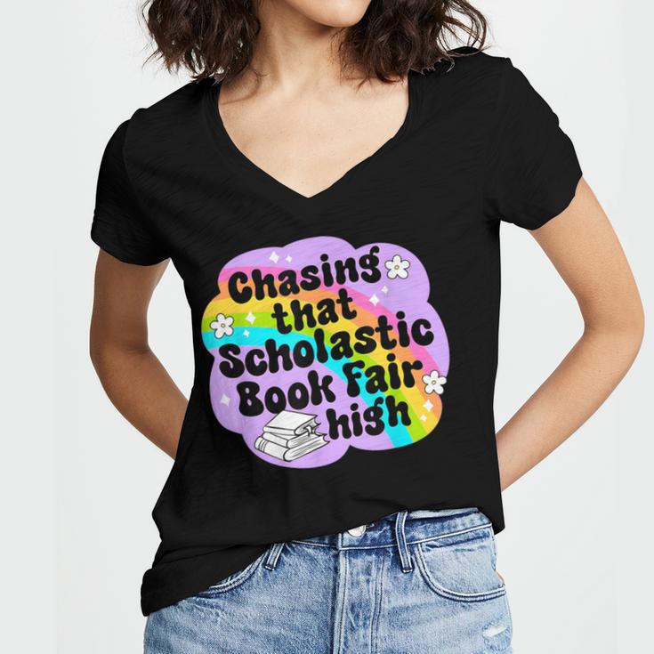 Chasing That Scholastic Book Fair High Book Lovers Women's Jersey Short Sleeve Deep V-Neck Tshirt