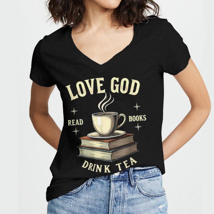 Christian Bookworm Love God Read Books Drink Tea Women's Jersey Short Sleeve Deep V-Neck Tshirt Christian Bookworm Love God Read Books Drink Tea Women's Jersey Short Sleeve Deep V-Neck Tshirt