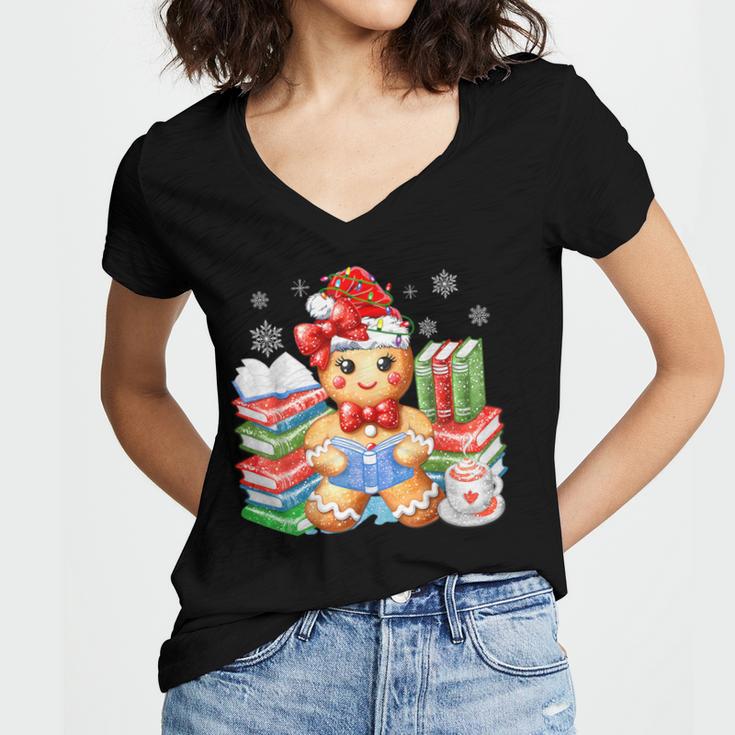 Christmas Gingerbread Man Reading Book Snowflake Teacher Women's Jersey Short Sleeve Deep V-Neck Tshirt