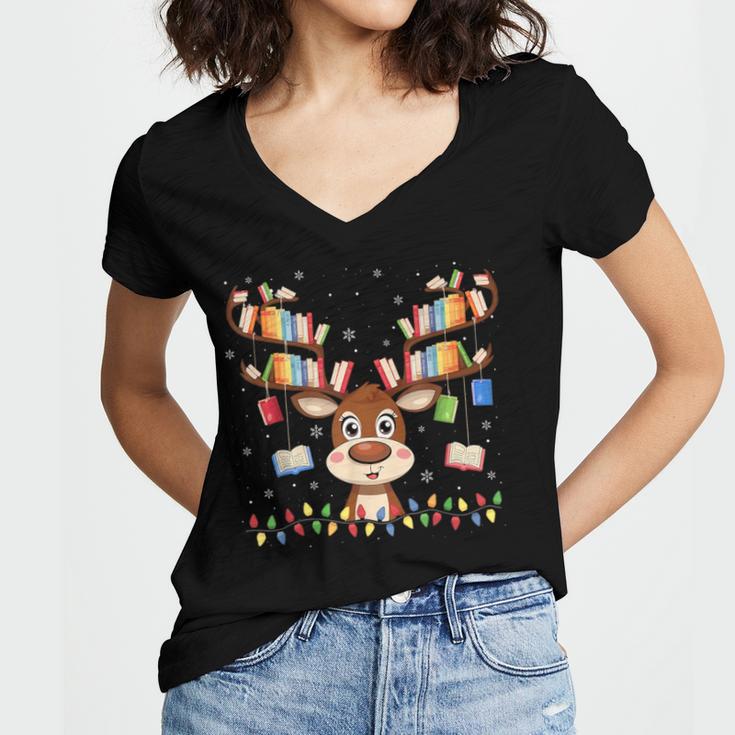 Christmas Librarian Reindeer Matching Family Book Lover Xmas Women's Jersey Short Sleeve Deep V-Neck Tshirt