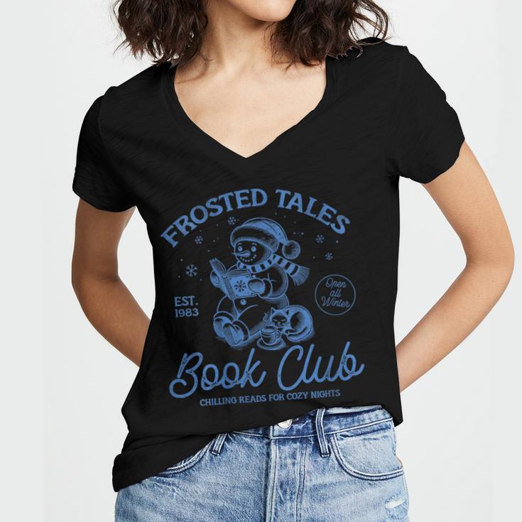 Christmas Snowman Frosted Tales Book Club Women's Jersey Short Sleeve Deep V-Neck Tshirt Christmas Snowman Frosted Tales Book Club Women's Jersey Short Sleeve Deep V-Neck Tshirt