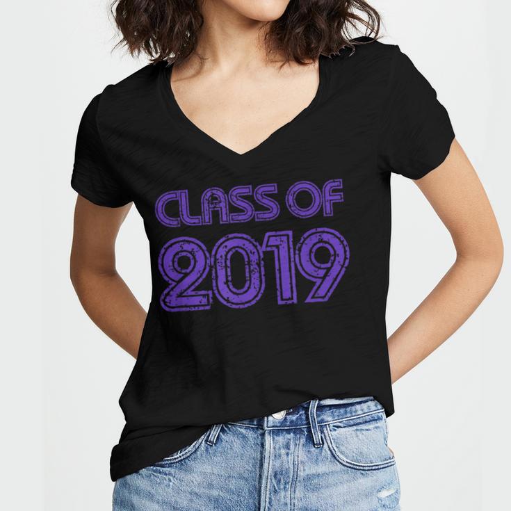 Class Of 2019 High School Graduation Purple Senior Women's Jersey Short Sleeve Deep V-Neck Tshirt