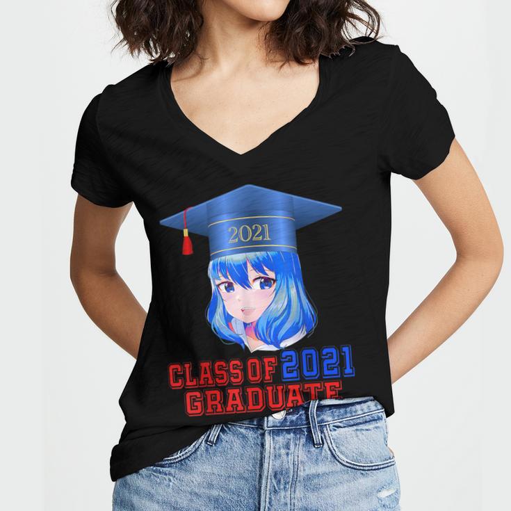 Class Of 2021 Graduate Kawaii Anime Girl School Graduation Women's Jersey Short Sleeve Deep V-Neck Tshirt