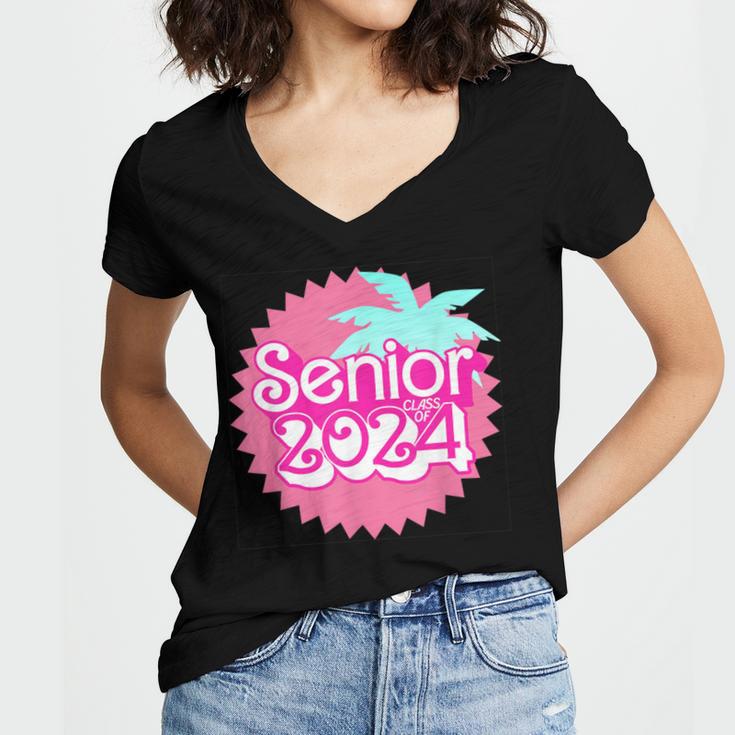 Class Of 2024 Senior Pink Retro Classic Girl Grad Graduation Women's Jersey Short Sleeve Deep V-Neck Tshirt