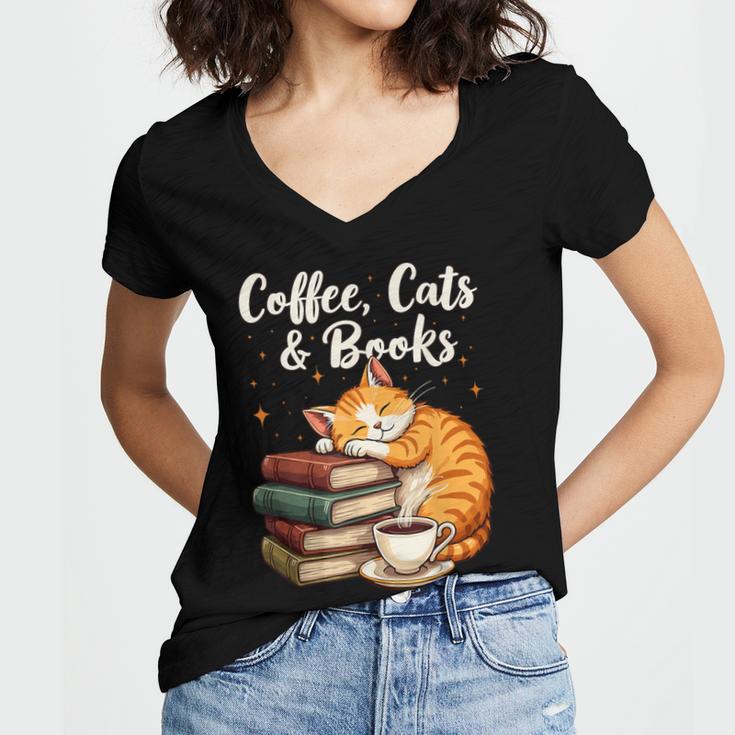 Coffee Cats & Books Lover For Women & Girls Coffee Women's Jersey Short Sleeve Deep V-Neck Tshirt