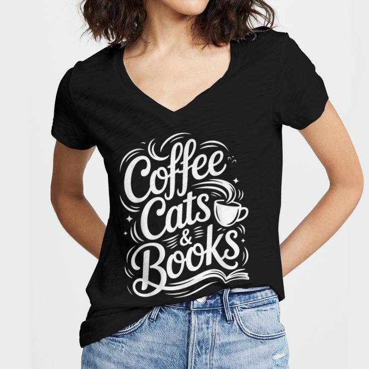 Coffee Cats & Books Reading Book Lover Reader Women's Jersey Short Sleeve Deep V-Neck Tshirt