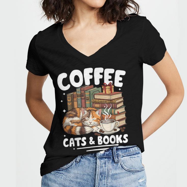 Coffee Cats And Books Cats And Reading Lovers Women's Jersey Short Sleeve Deep V-Neck Tshirt Coffee Cats And Books Cats And Reading Lovers Women's Jersey Short Sleeve Deep V-Neck Tshirt