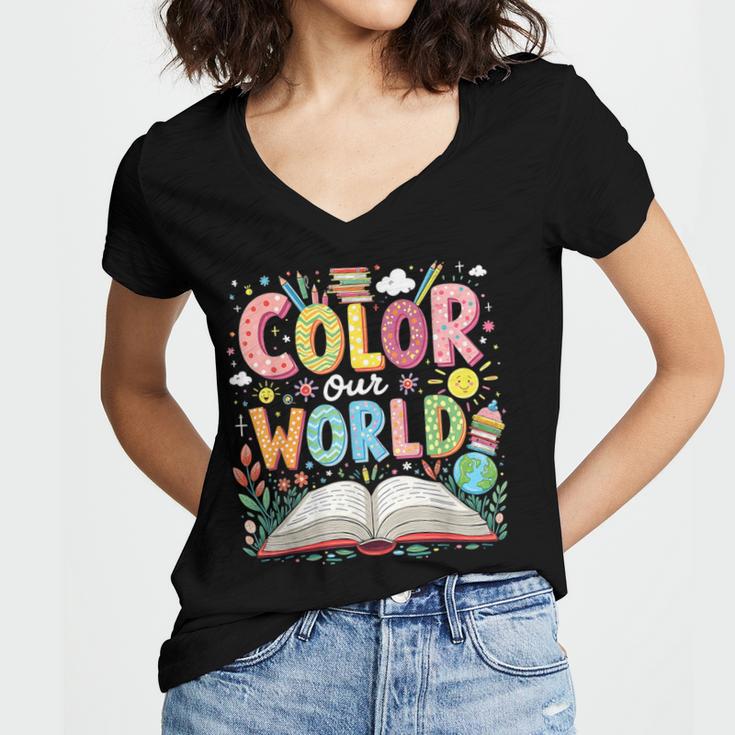 Color Our World Book Reading Program 2026 Summer Women's Jersey Short Sleeve Deep V-Neck Tshirt Color Our World Book Reading Program 2026 Summer Women's Jersey Short Sleeve Deep V-Neck Tshirt