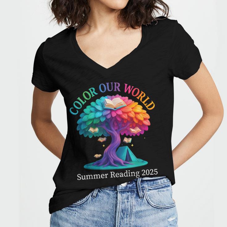 Color Our World Summer Reading 2025 Tree Book Lover Camping Women's Jersey Short Sleeve Deep V-Neck Tshirt