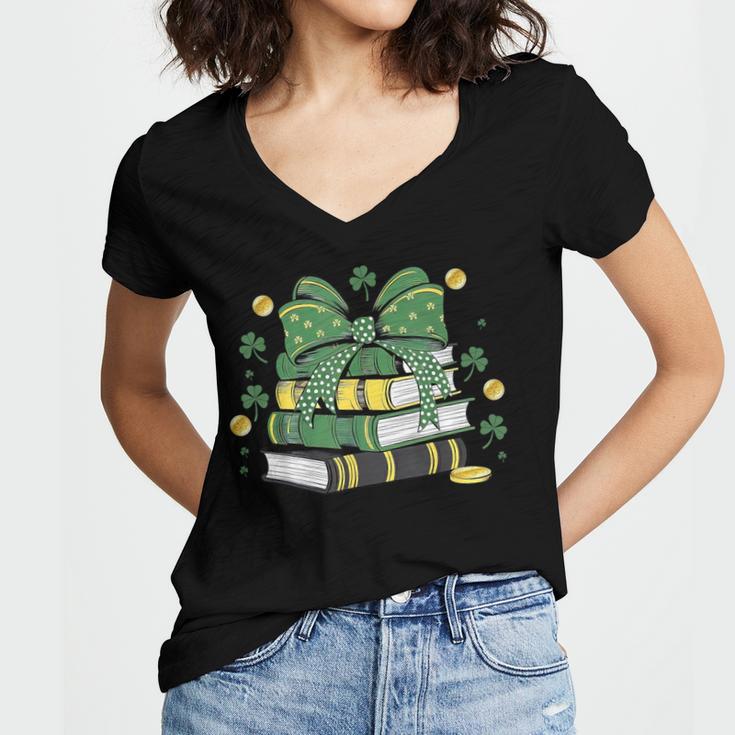 Coquette Bow Books St Patrick's Shamrock Bookworm Librarian Women's Jersey Short Sleeve Deep V-Neck Tshirt