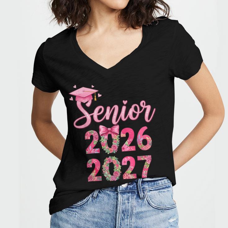 Coquette Pink Bow Flowers Senior 2026 2027 Graduation Women's Jersey Short Sleeve Deep V-Neck Tshirt