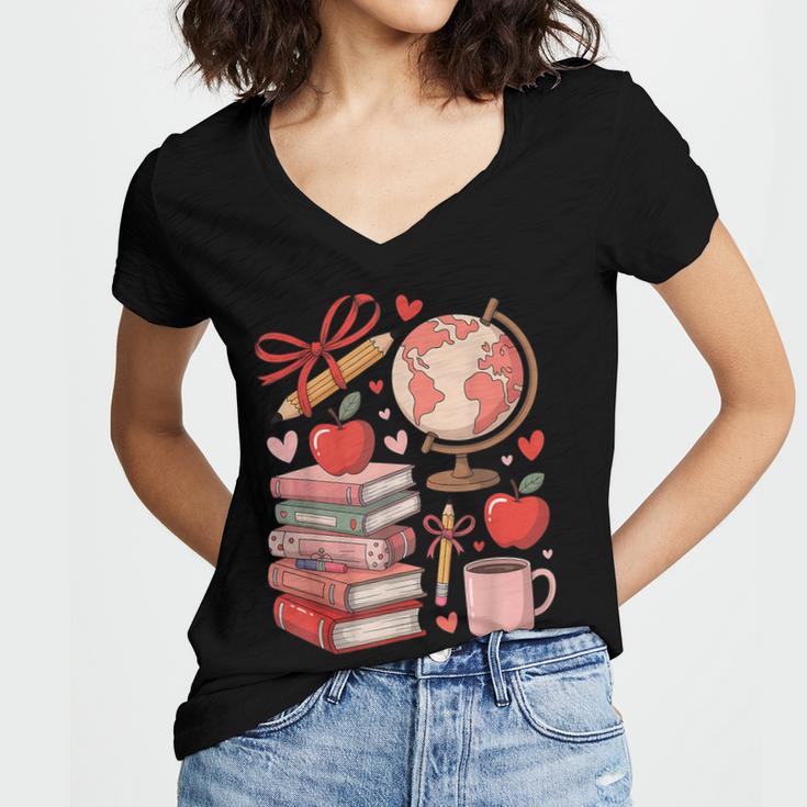 Coquette Teacher School Supplies Bows Books Globe Apple Cute Women's Jersey Short Sleeve Deep V-Neck Tshirt