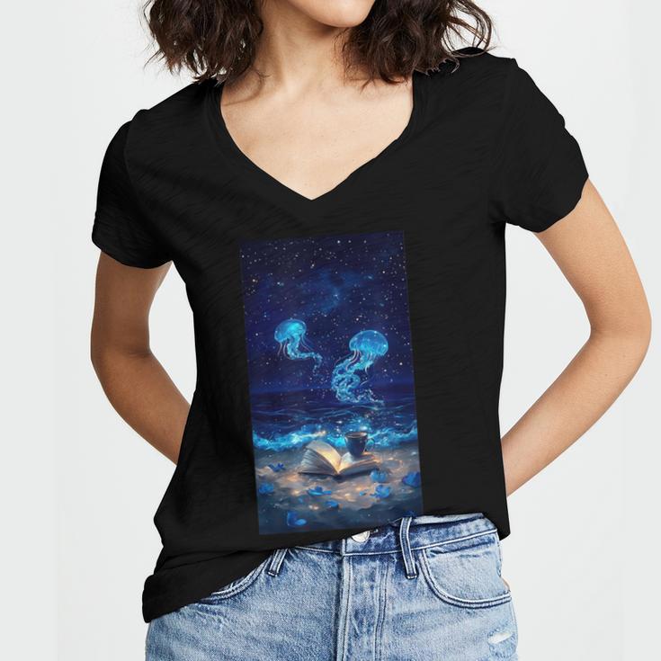 Cosmic Botanical Book Lover Reading Women's Jersey Short Sleeve Deep V-Neck Tshirt