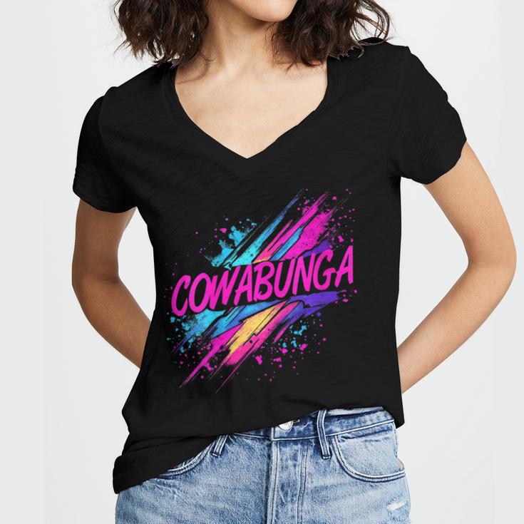 Cowabunga Retro 80s 90s Nostalgia Slang Neon Grunge Art Women's Jersey Short Sleeve Deep V-Neck Tshirt