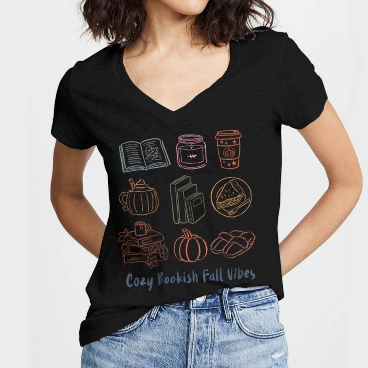 Cozy Bookish Fall Vibes Pumpkin Latte Books Autumn Reading Women's Jersey Short Sleeve Deep V-Neck Tshirt