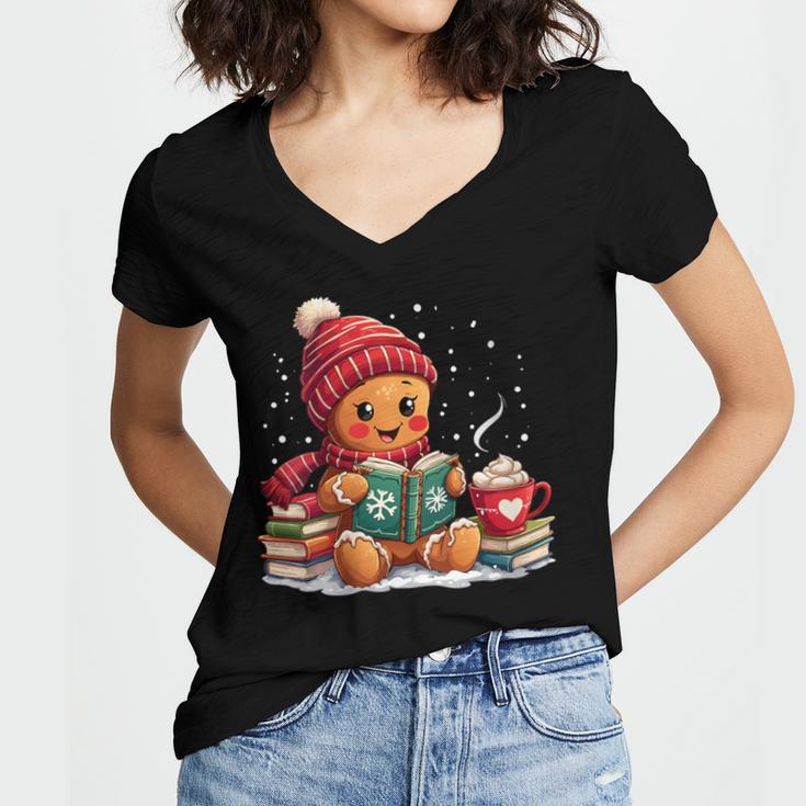Cozy Gingerbread Christmas Reading Book Xmas Snowflakes Fall Women's Jersey Short Sleeve Deep V-Neck Tshirt