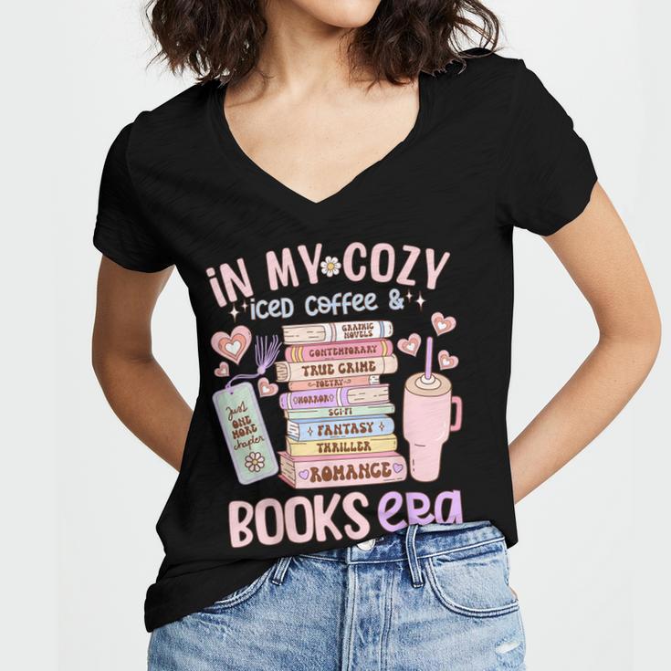 In My Cozy Iced Coffee And Books Era Women's Jersey Short Sleeve Deep V-Neck Tshirt In My Cozy Iced Coffee And Books Era Women's Jersey Short Sleeve Deep V-Neck Tshirt