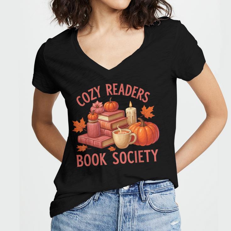 Cozy Readers Book Society Teacher Reading Floral Pumpkin Tee Women's Jersey Short Sleeve Deep V-Neck Tshirt