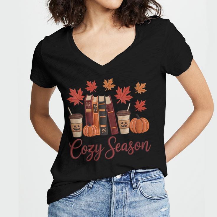 Cozy Season Autumn Leaves Books Pumpkins Fall Halloween Women's Jersey Short Sleeve Deep V-Neck Tshirt