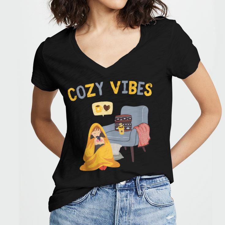 Cozy Vibes Atmospheric Introvert Women's Jersey Short Sleeve Deep V-Neck Tshirt
