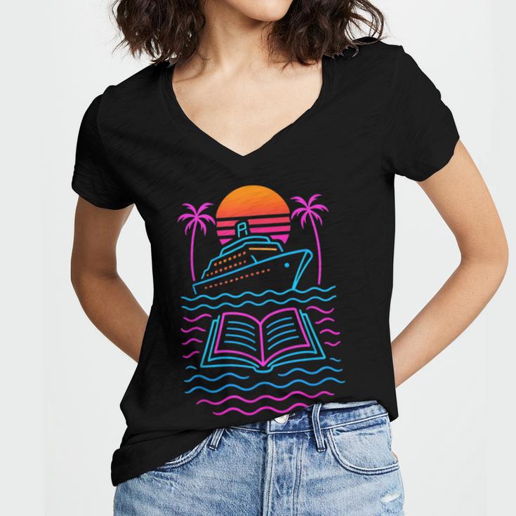 Cruise Ship Vacations Reading Book Lovers Sunset Women's Jersey Short Sleeve Deep V-Neck Tshirt