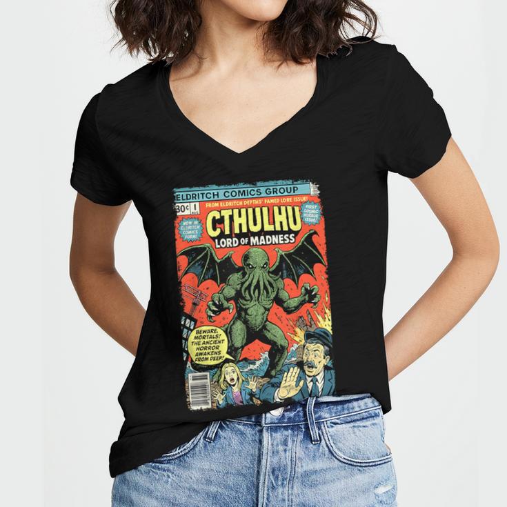 Cthulhu Lord Of Madness Vintage Comic Book Cover Women's Jersey Short Sleeve Deep V-Neck Tshirt