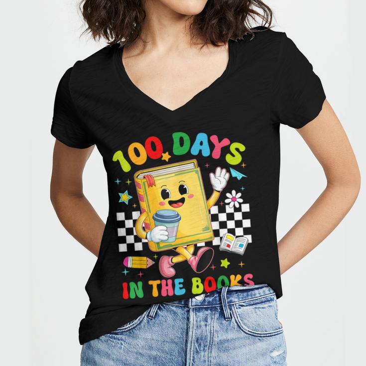 Cute 100 Days In The Books Groovy Boy Girl Teacher Women's Jersey Short Sleeve Deep V-Neck Tshirt