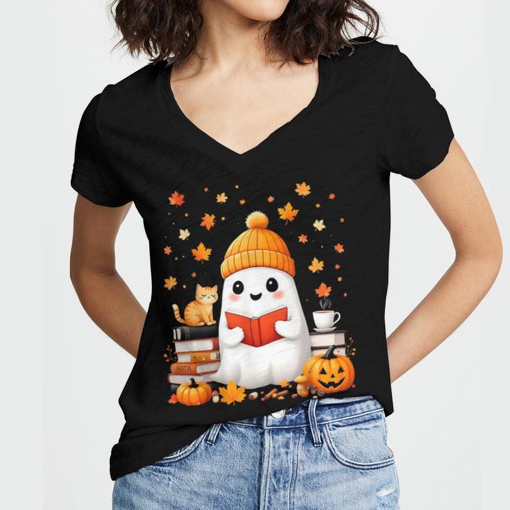 Cute Beanie Ghost Bookworm Cozy Book Reading Halloween Women's Jersey Short Sleeve Deep V-Neck Tshirt