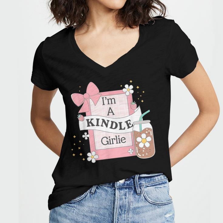 Cute Bookish Kindle Girlie Nerdy Read Book Lover Girl Women Women's Jersey Short Sleeve Deep V-Neck Tshirt