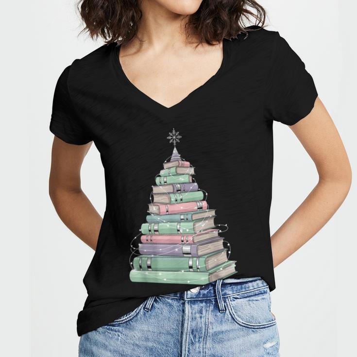 Cute Bookmas Christmas Book Tree Book Lover Teacher Women's Jersey Short Sleeve Deep V-Neck Tshirt