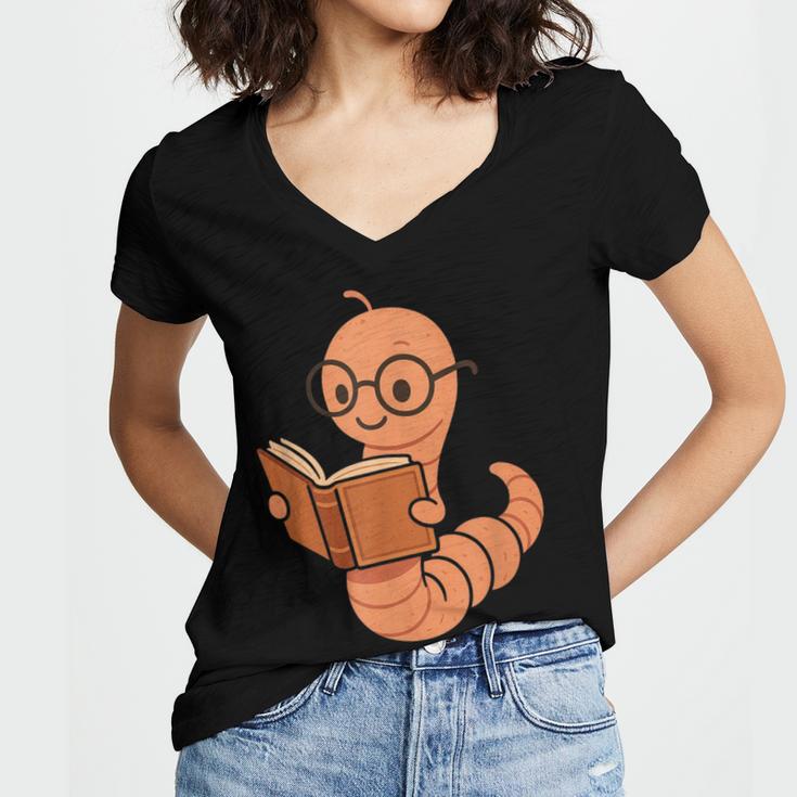 Cute Bookworm Worm Reading Book Glasses Nerdy Women's Jersey Short Sleeve Deep V-Neck Tshirt