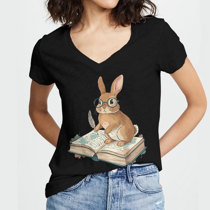 Cute Bunny Reading Book Glasses Bookworm Women's Jersey Short Sleeve Deep V-Neck Tshirt Cute Bunny Reading Book Glasses Bookworm Women's Jersey Short Sleeve Deep V-Neck Tshirt