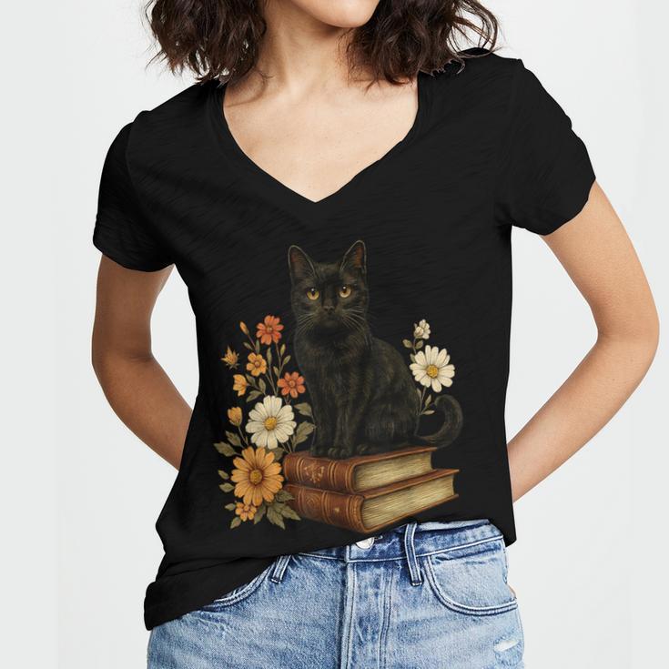 Cute Cat Book Flowers Women's Jersey Short Sleeve Deep V-Neck Tshirt