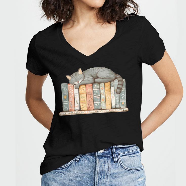 Cute Cat Sleeping On Books Women's Jersey Short Sleeve Deep V-Neck Tshirt