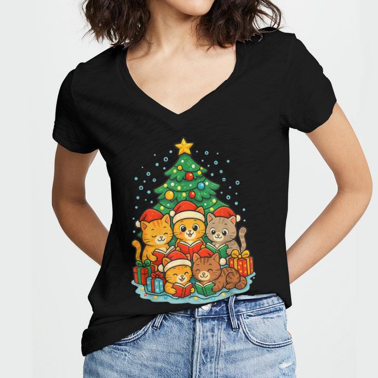 Cute Cats Reading Books Christmas Tree Women's Jersey Short Sleeve Deep V-Neck Tshirt Cute Cats Reading Books Christmas Tree Women's Jersey Short Sleeve Deep V-Neck Tshirt
