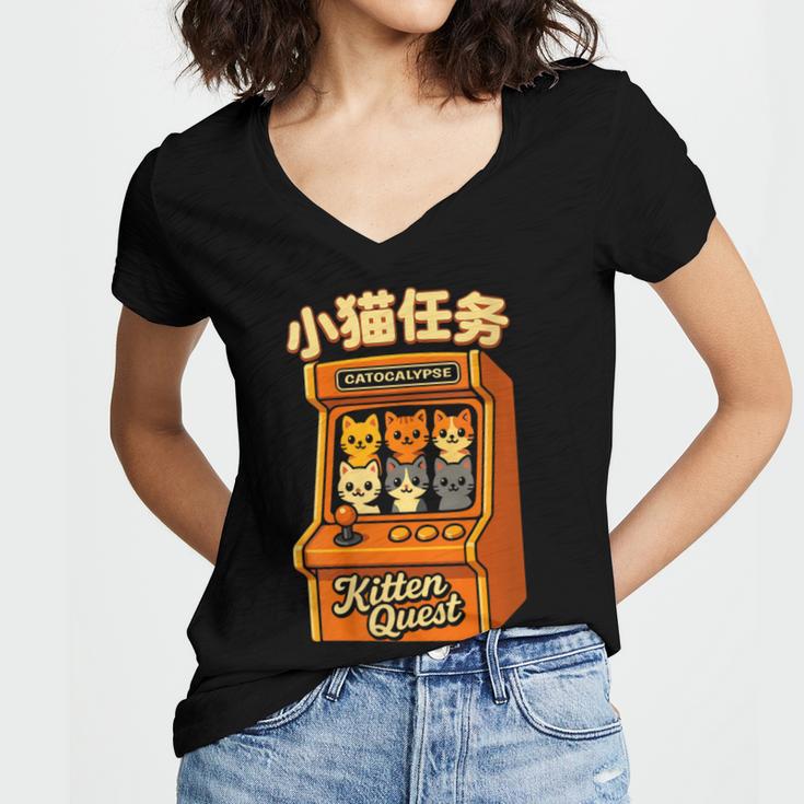 Cute Cats Retro 1980's Arcade Nostalgia Old Game Cabinet Women's Jersey Short Sleeve Deep V-Neck Tshirt