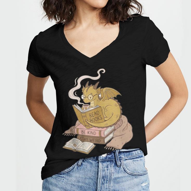 Cute Dragon Be Kind Stay Weird Read Books Women's Jersey Short Sleeve Deep V-Neck Tshirt