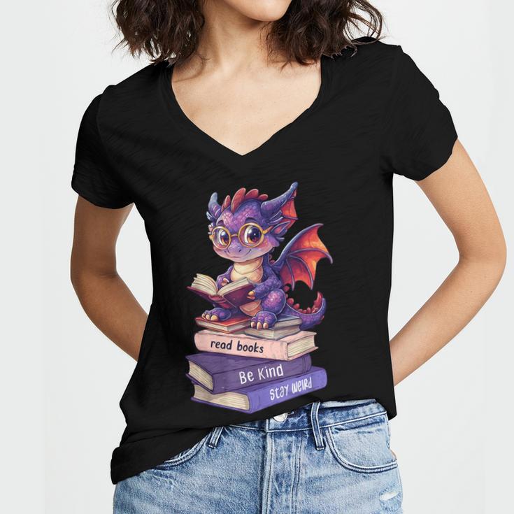 Cute Dragon Read Books Be Kind Stay Weird Book Lover Women's Jersey Short Sleeve Deep V-Neck Tshirt