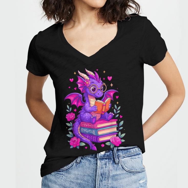 Cute Dragon Reading Books Bookworm Women's Jersey Short Sleeve Deep V-Neck Tshirt