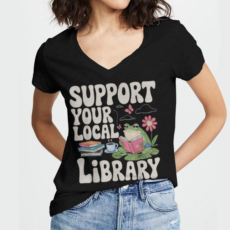 Cute Frog Support Your Local Library Librarian Book Lover Women's Jersey Short Sleeve Deep V-Neck Tshirt Cute Frog Support Your Local Library Librarian Book Lover Women's Jersey Short Sleeve Deep V-Neck Tshirt