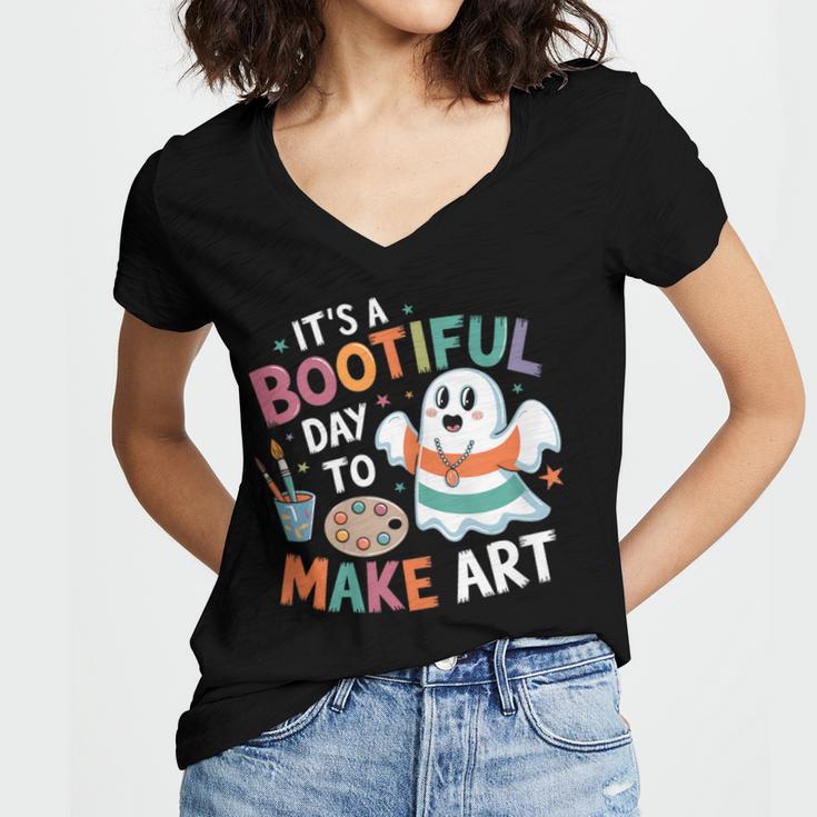 Cute Ghost Book Halloween Spooky Boo School Art Teacher Women's Jersey Short Sleeve Deep V-Neck Tshirt