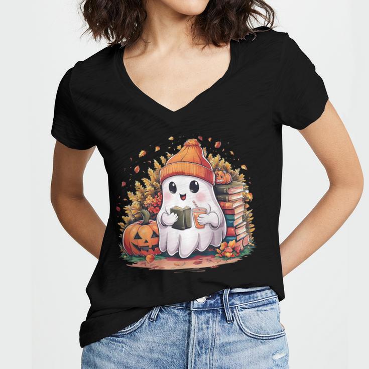 Cute Ghost Drinking Coffee Halloween Reading Book Retro Women's Jersey Short Sleeve Deep V-Neck Tshirt