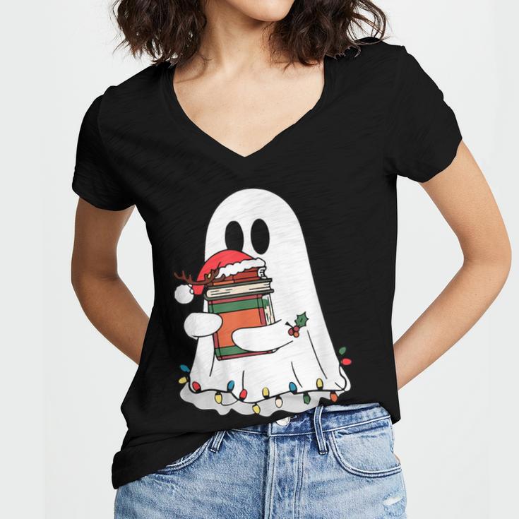 Cute Ghost Holding Books Bookish Christmas Women's Jersey Short Sleeve Deep V-Neck Tshirt