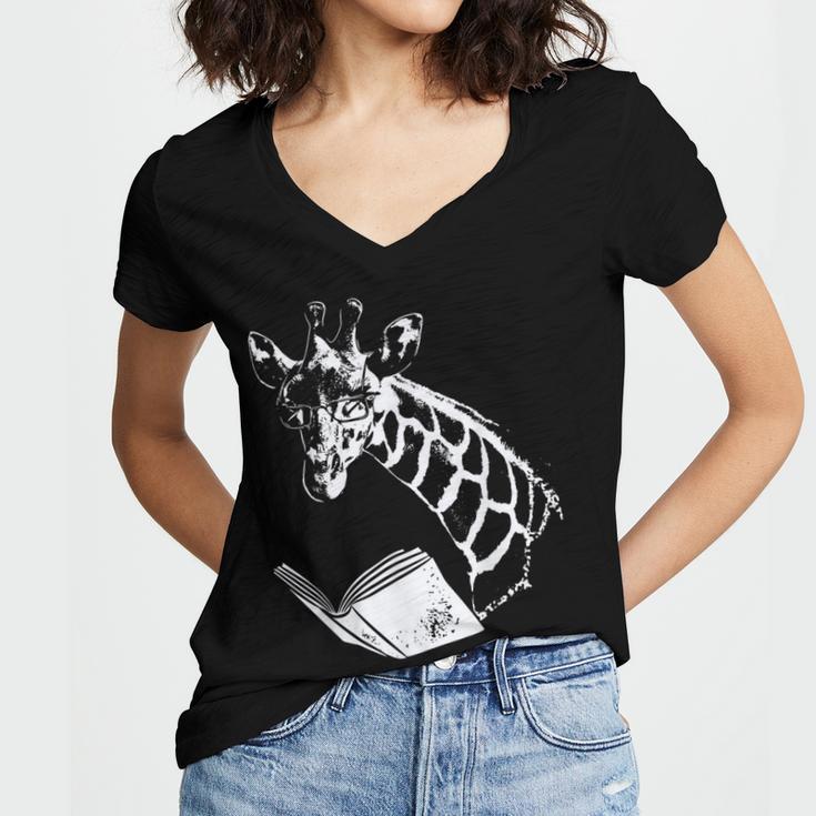 Cute Giraffe Wear Glasses Reading Book Librarian Bookworm Women's Jersey Short Sleeve Deep V-Neck Tshirt